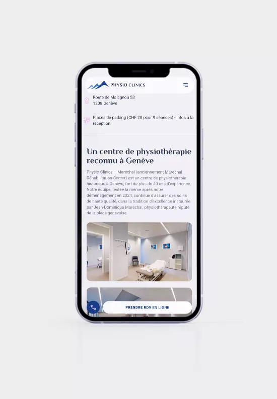 Site web de clinique de physiothérapie sur smartphone