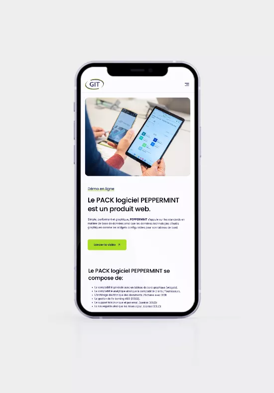 Smartphone affichant page web du logiciel PEPPERMINT